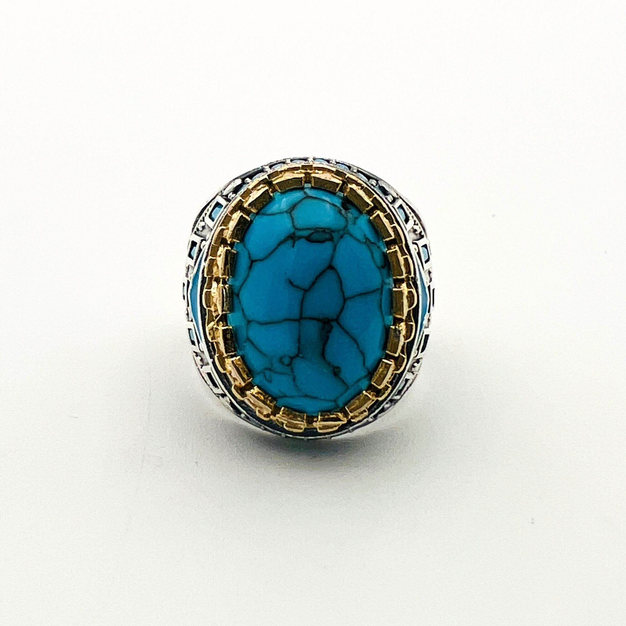 خاتم رجالي بيضاوي من الفيروز بحجر كريم من الفضة الإسترلينية التركية المصنوعة يدوياً - مجوهرات مصنوعة يدوياً