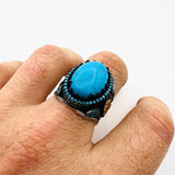 خاتم بيضاوي تركواز للرجال بتصميم بسيط - مجوهرات حجر كريم مصنوعة يدوياً من الفضة الإسترلينية 925 هدية فنية