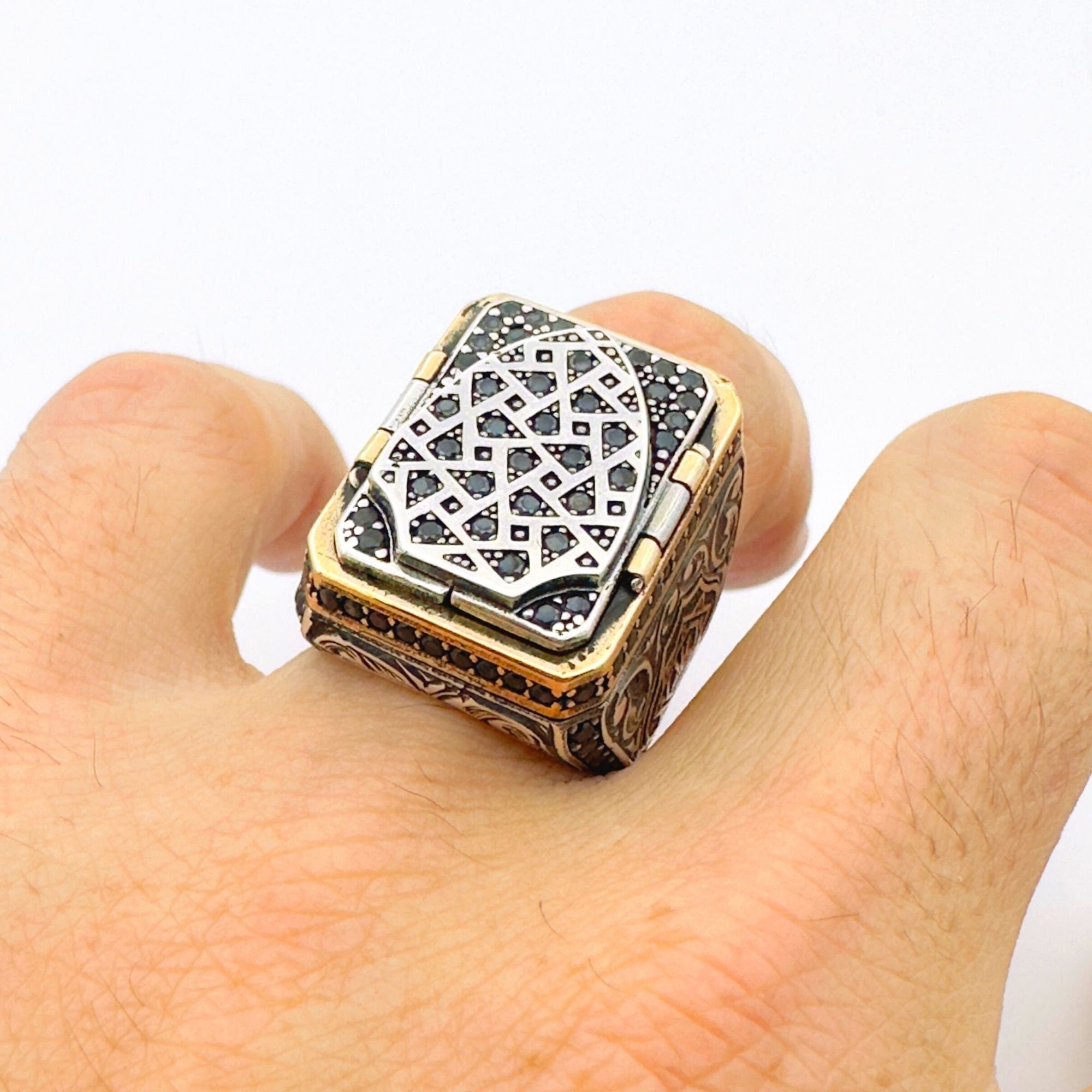 خاتم إسلامي رجالي يدوي الصنع من الفضة الإسترلينية 925 كون في يكن - مجوهرات آية روحية تركية