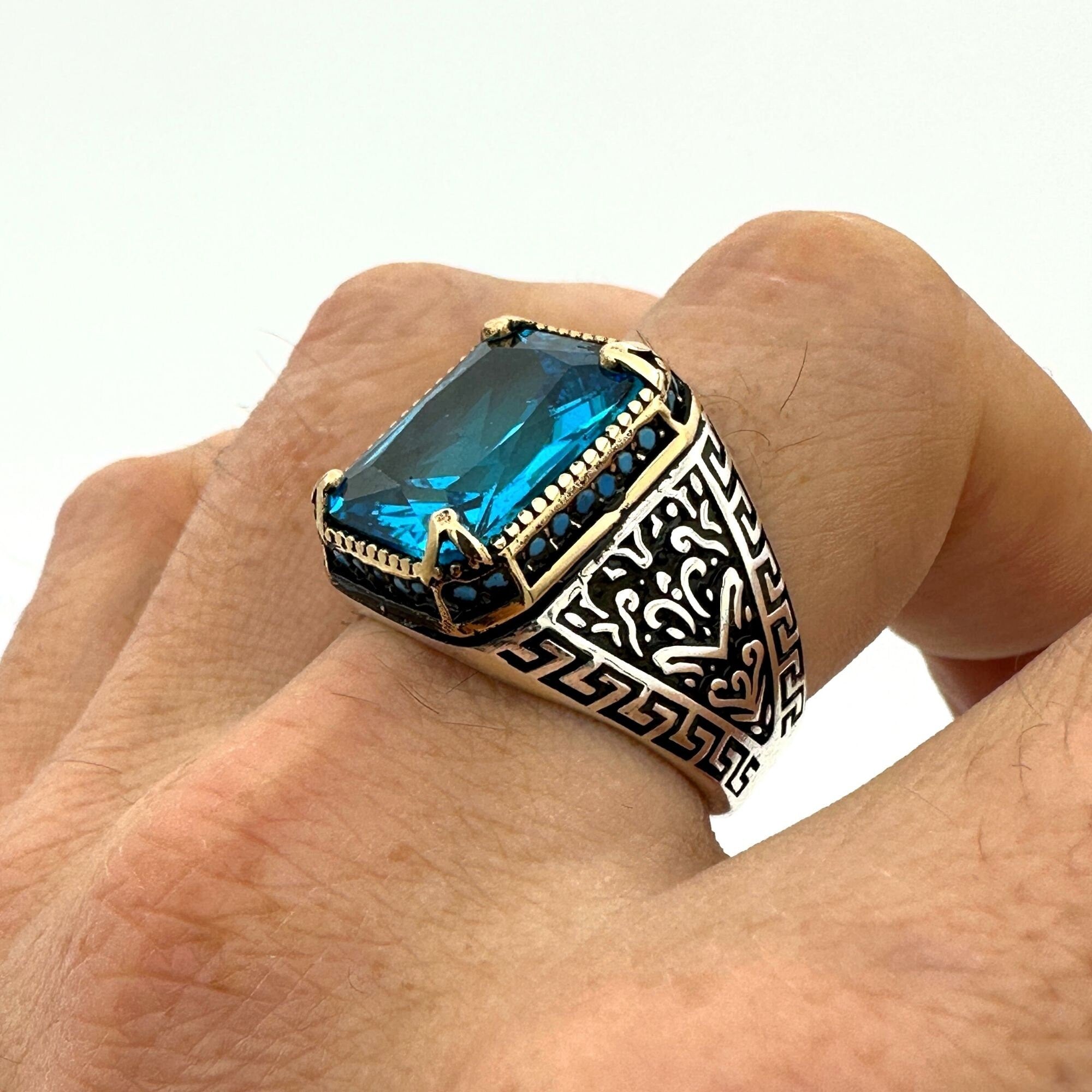 Men's Handmade Onyx-Aqua-Emerald Stone Silver Ring