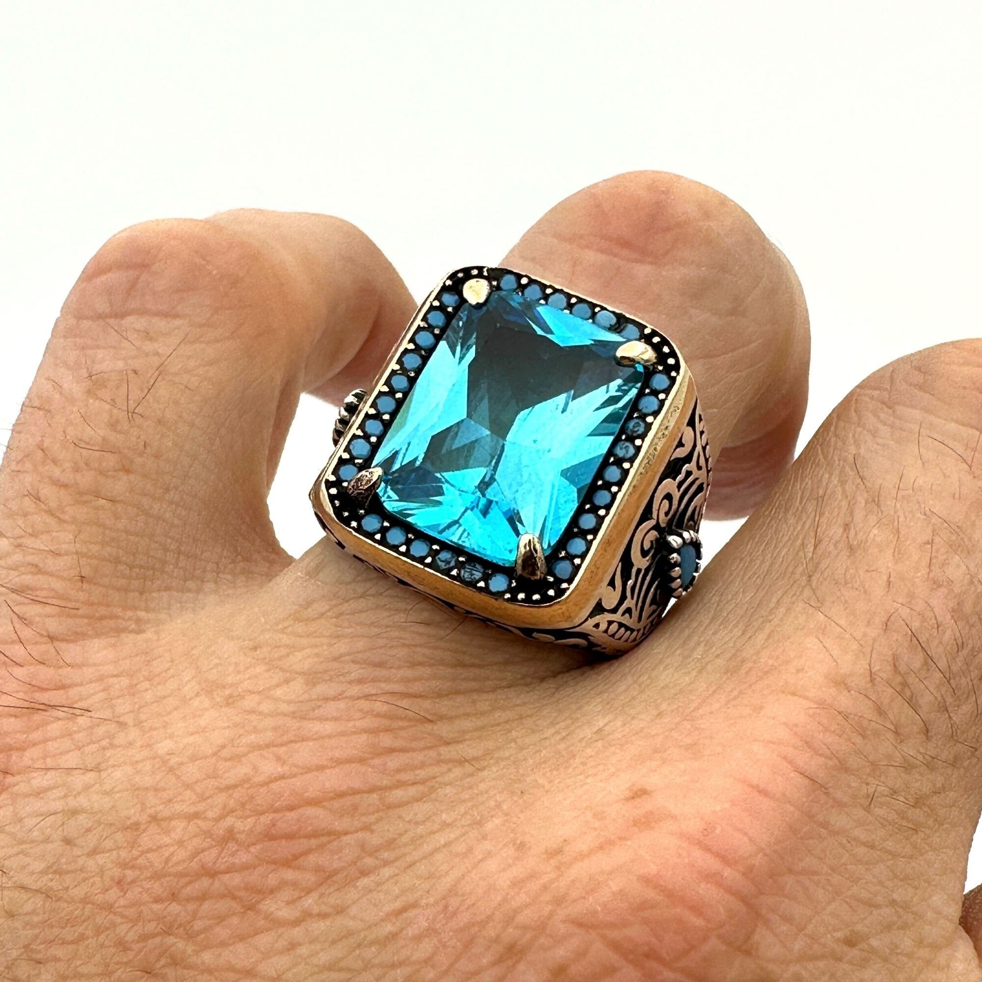 Men's Handmade Blue Aquamarine Stone Silver Ring
