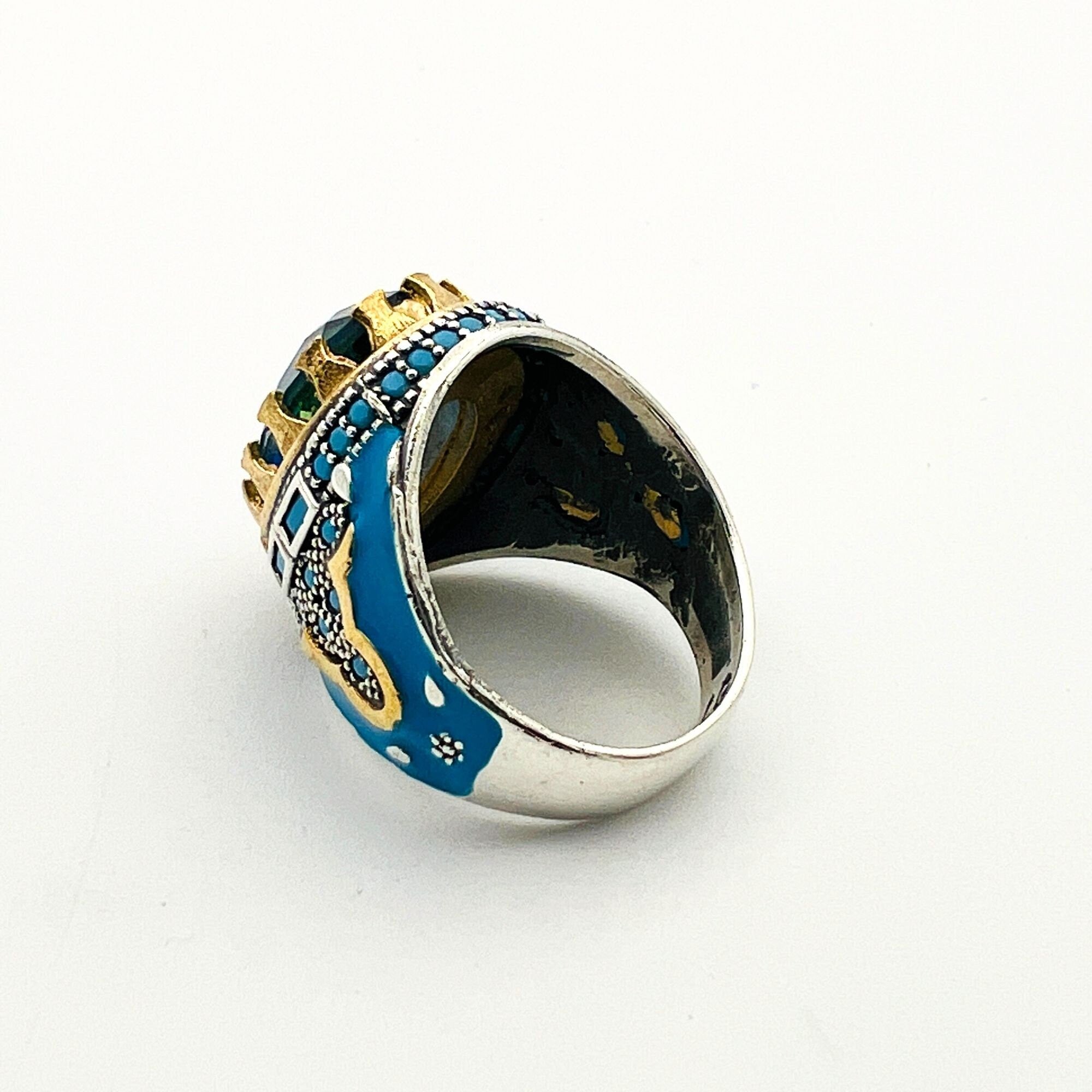 خاتم رجالي يدوي من الفضة الإسترلينية بشكل بيضاوي مع تورمالين | هدية مجوهرات حرفي تركي