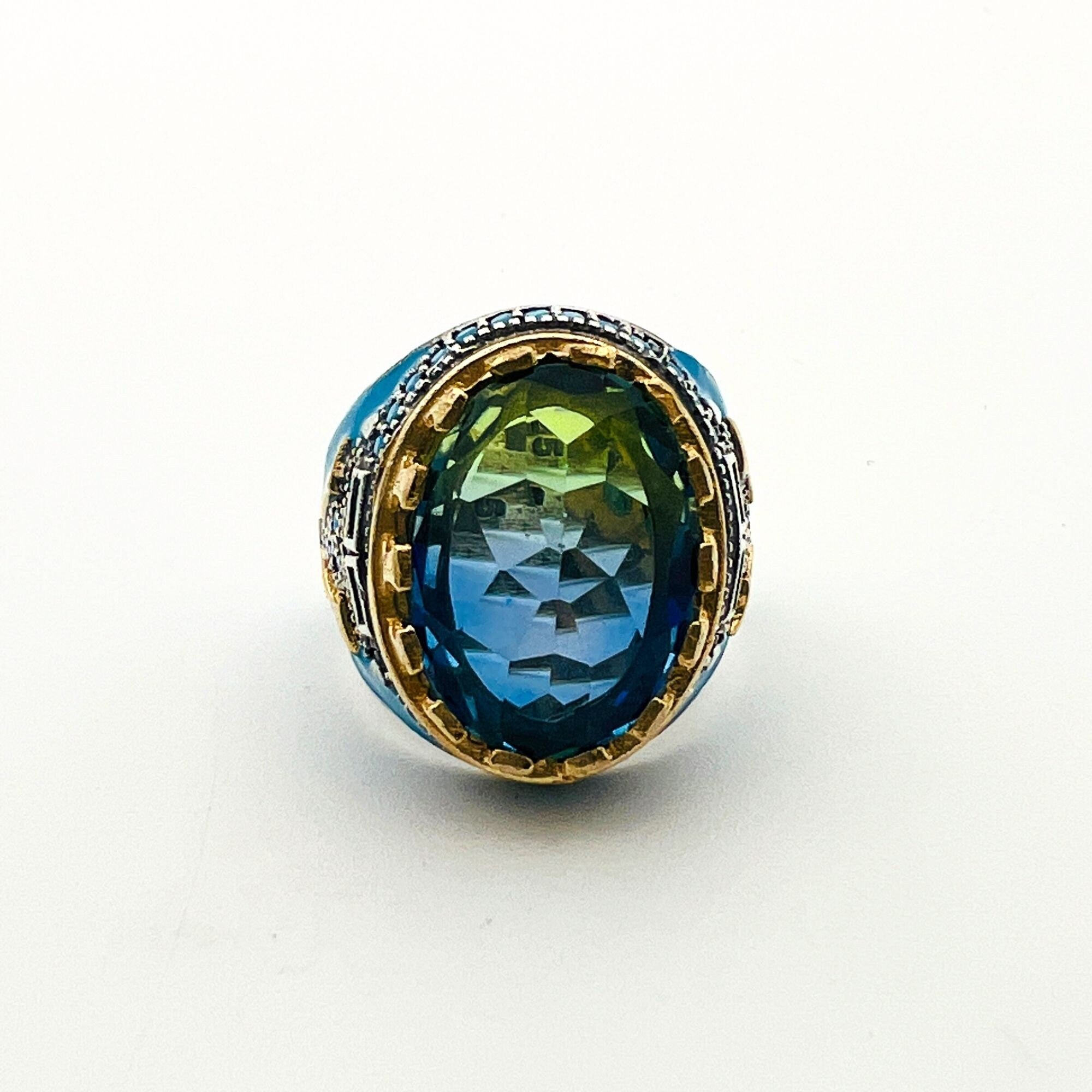 خاتم رجالي يدوي من الفضة الإسترلينية بشكل بيضاوي مع تورمالين | هدية مجوهرات حرفي تركي