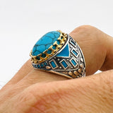 خاتم رجالي بيضاوي من الفيروز بحجر كريم من الفضة الإسترلينية التركية المصنوعة يدوياً - مجوهرات مصنوعة يدوياً