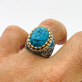 خاتم رجالي بيضاوي من الفيروز بحجر كريم من الفضة الإسترلينية التركية المصنوعة يدوياً - مجوهرات مصنوعة يدوياً