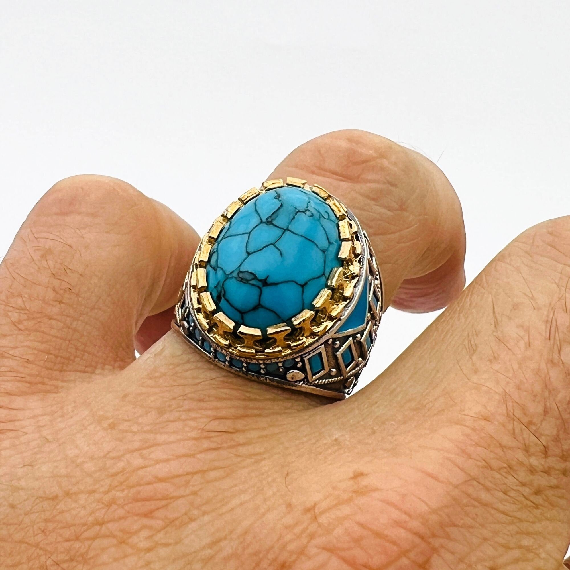 خاتم رجالي بيضاوي من الفيروز بحجر كريم من الفضة الإسترلينية التركية المصنوعة يدوياً - مجوهرات مصنوعة يدوياً