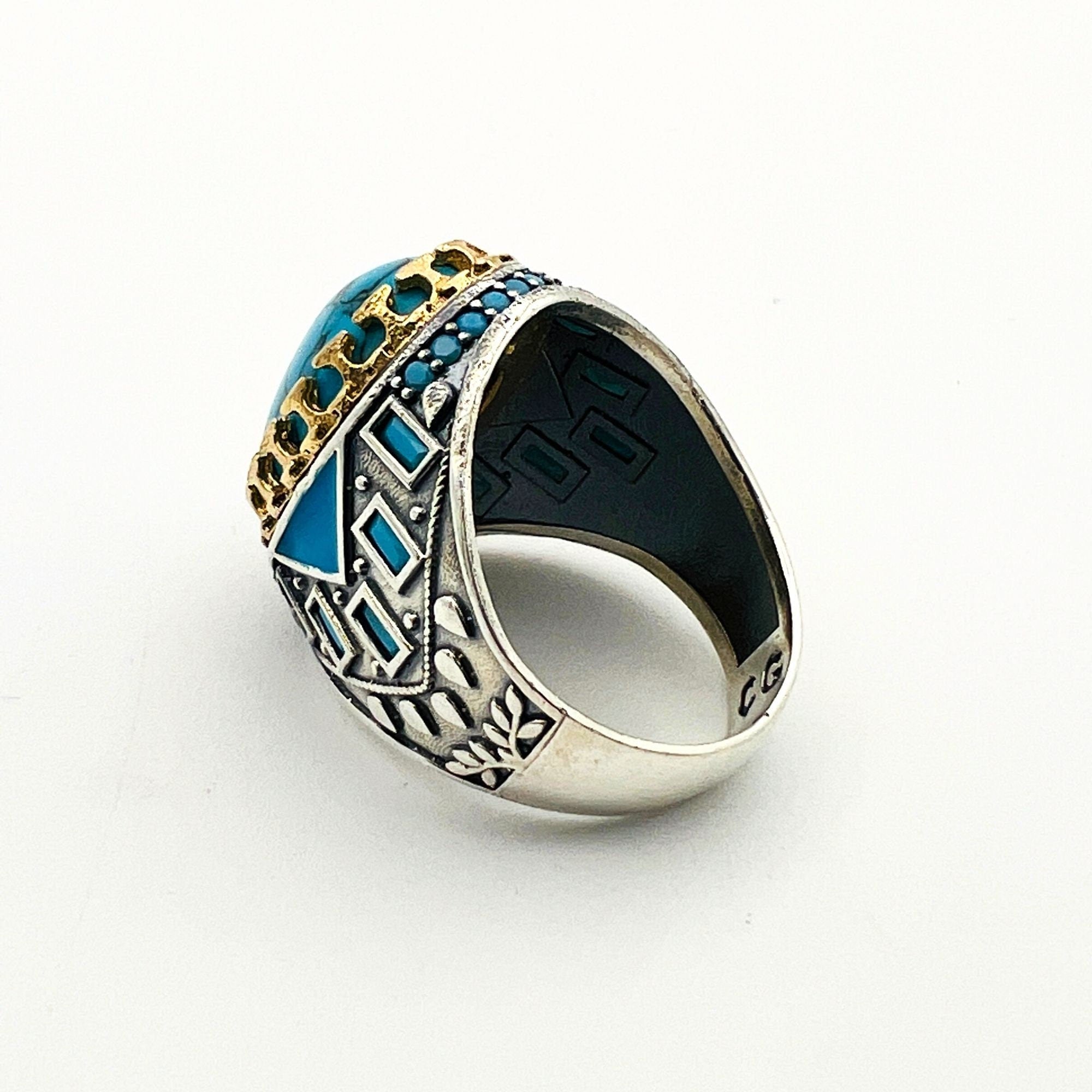 خاتم رجالي بيضاوي من الفيروز بحجر كريم من الفضة الإسترلينية التركية المصنوعة يدوياً - مجوهرات مصنوعة يدوياً