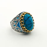 خاتم رجالي بيضاوي من الفيروز بحجر كريم من الفضة الإسترلينية التركية المصنوعة يدوياً - مجوهرات مصنوعة يدوياً
