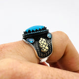 خاتم بيضاوي تركواز للرجال بتصميم بسيط - مجوهرات حجر كريم مصنوعة يدوياً من الفضة الإسترلينية 925 هدية فنية