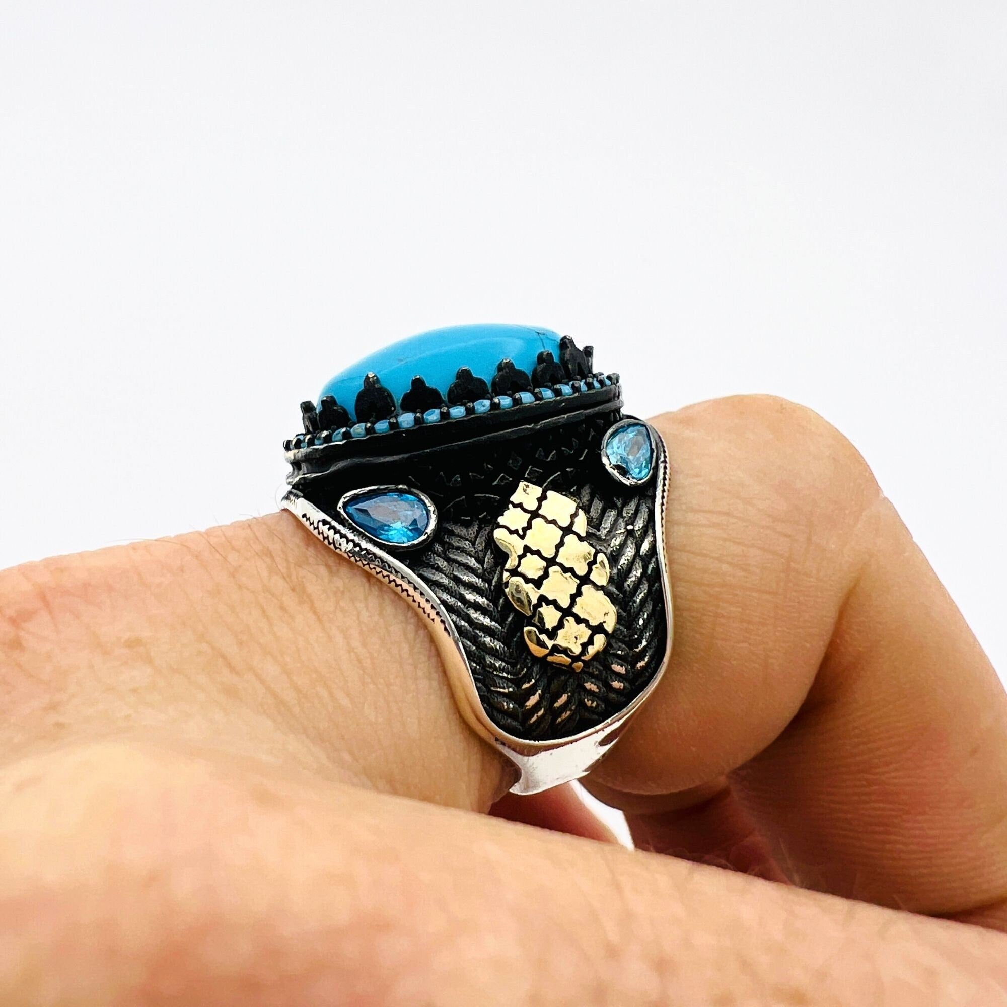 خاتم بيضاوي تركواز للرجال بتصميم بسيط - مجوهرات حجر كريم مصنوعة يدوياً من الفضة الإسترلينية 925 هدية فنية