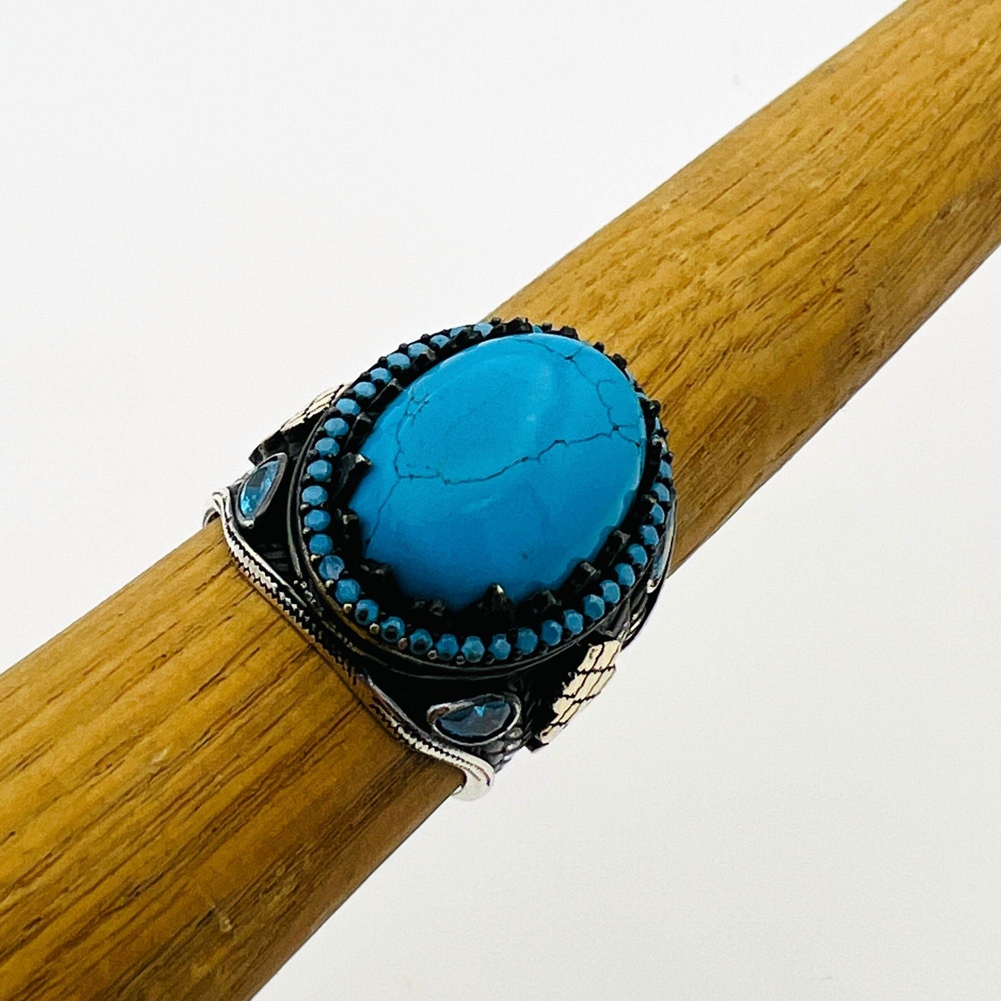 خاتم بيضاوي تركواز للرجال بتصميم بسيط - مجوهرات حجر كريم مصنوعة يدوياً من الفضة الإسترلينية 925 هدية فنية