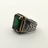 خاتم رجالي فاخر مصنوع يدويًا من الفضة الإسترلينية 925 مع زمرد أخضر - هدية مجوهرات تركية الصنع للجنسين