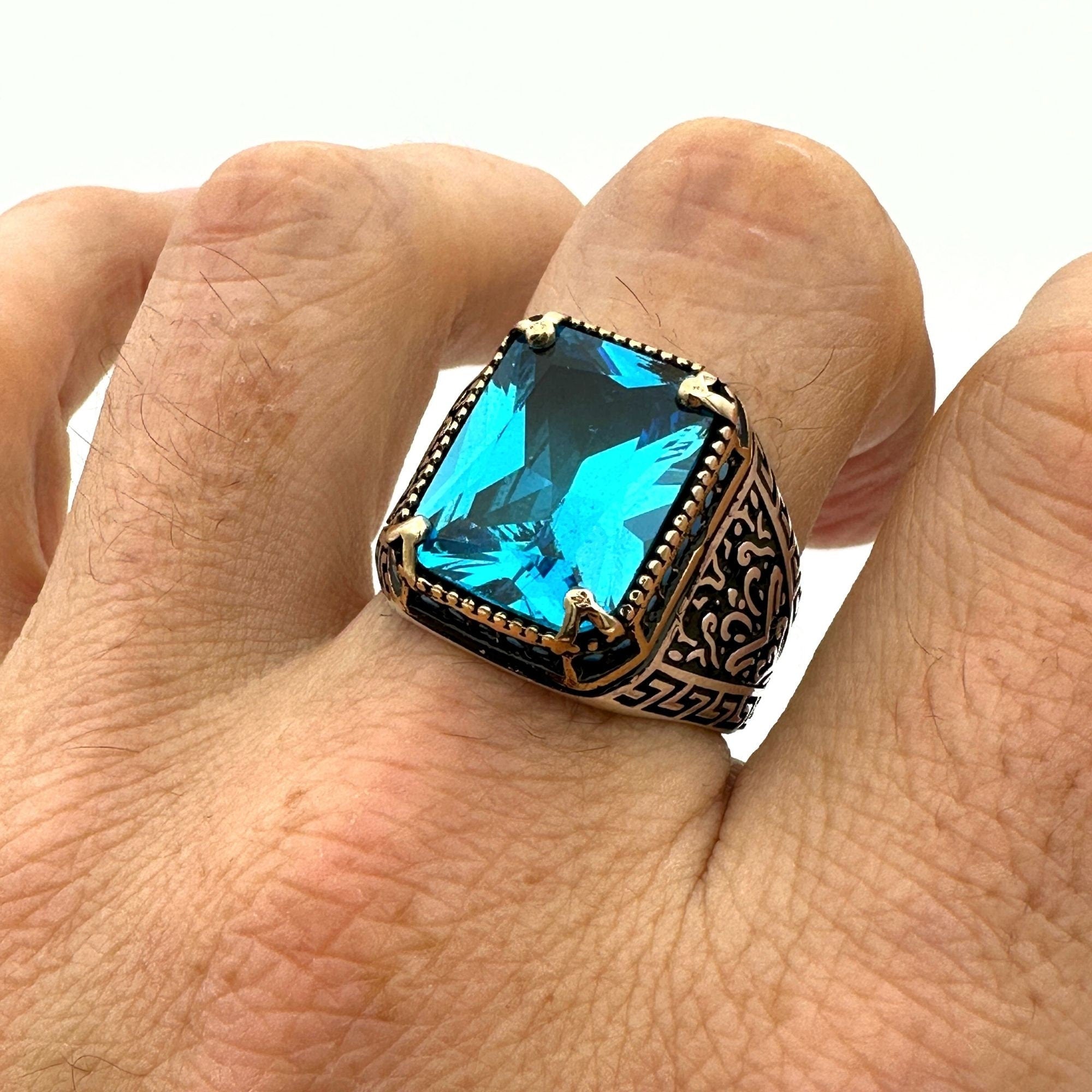 Men's Handmade Onyx-Aqua-Emerald Stone Silver Ring