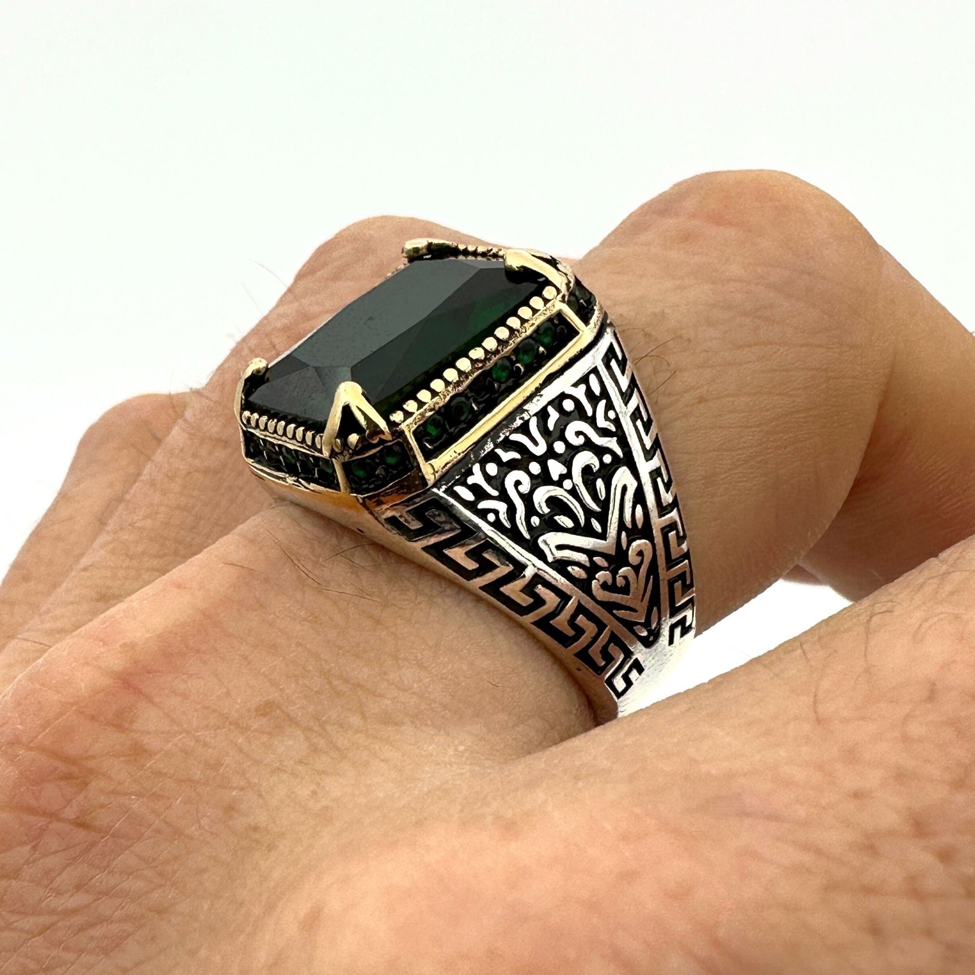 Men's Handmade Onyx-Aqua-Emerald Stone Silver Ring