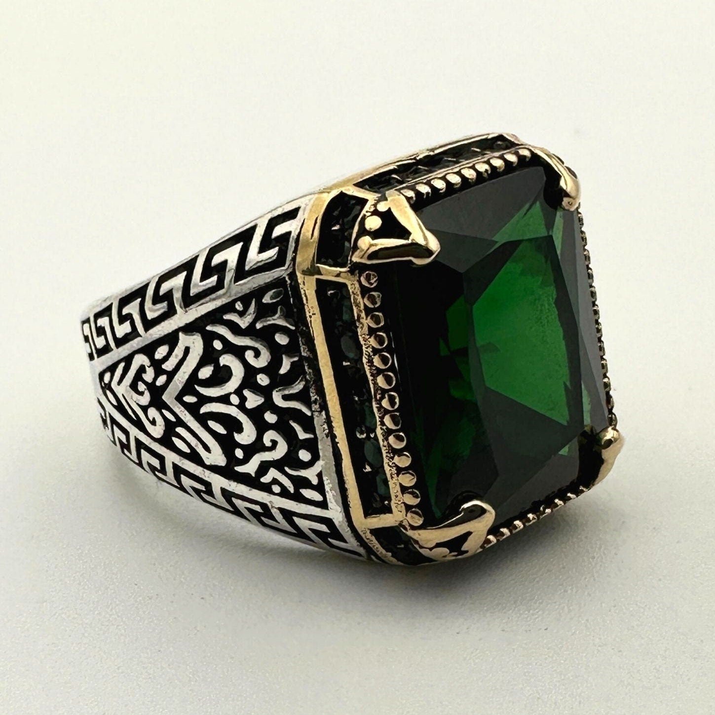 Men's Handmade Onyx-Aqua-Emerald Stone Silver Ring