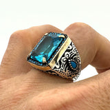 Men's Handmade Blue Aquamarine Stone Silver Ring