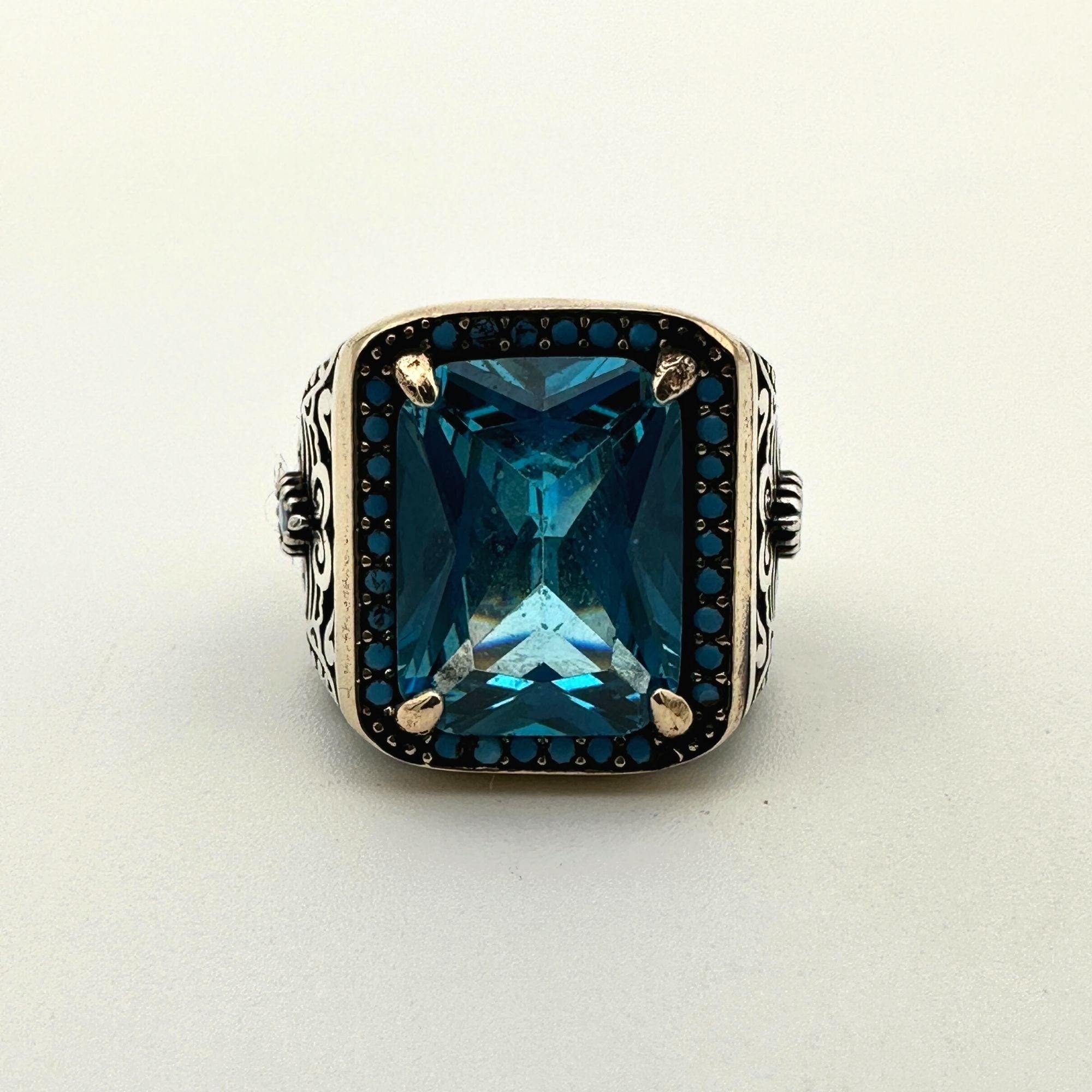 Men's Handmade Blue Aquamarine Stone Silver Ring