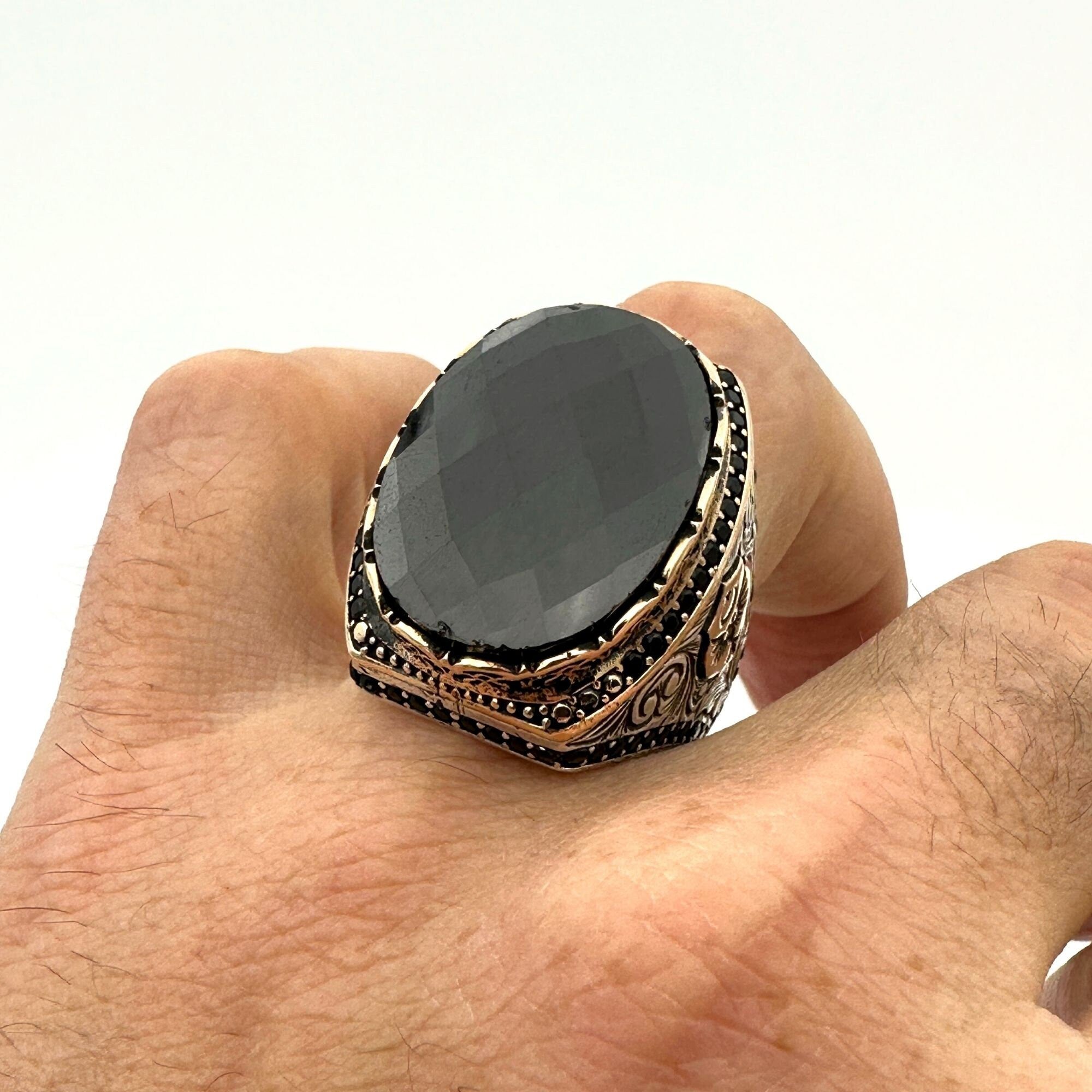 Turkish Handmade Ottoman Style Men's Ring - 925 Sterling Silver Black Onyx Stone - Unique Gift for Him