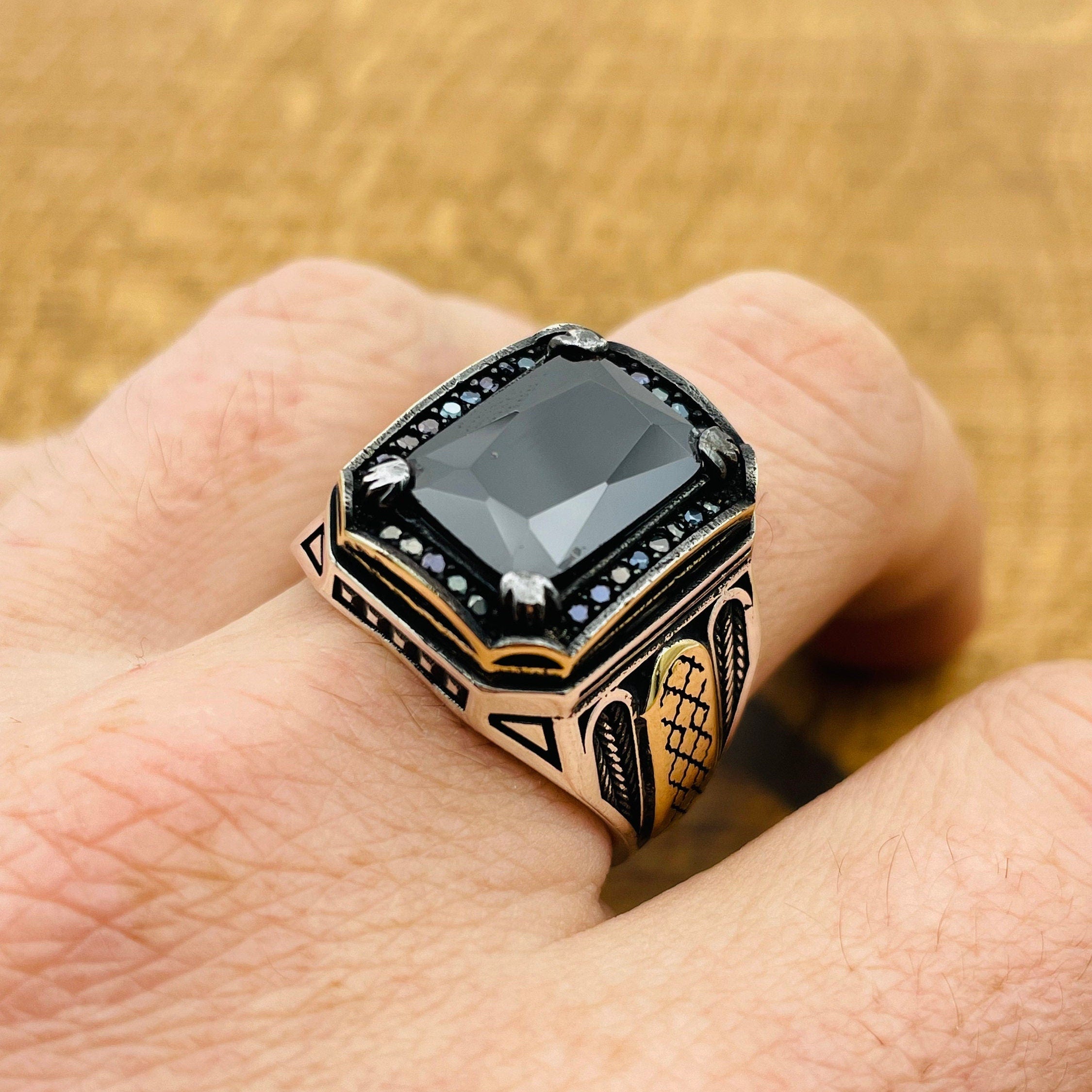 Authentic Turkish Handmade Men's Black Onyx 925 Sterling Silver Square Statement Ring