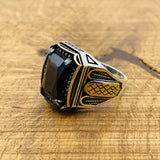 Authentic Turkish Handmade Men's Black Onyx 925 Sterling Silver Square Statement Ring