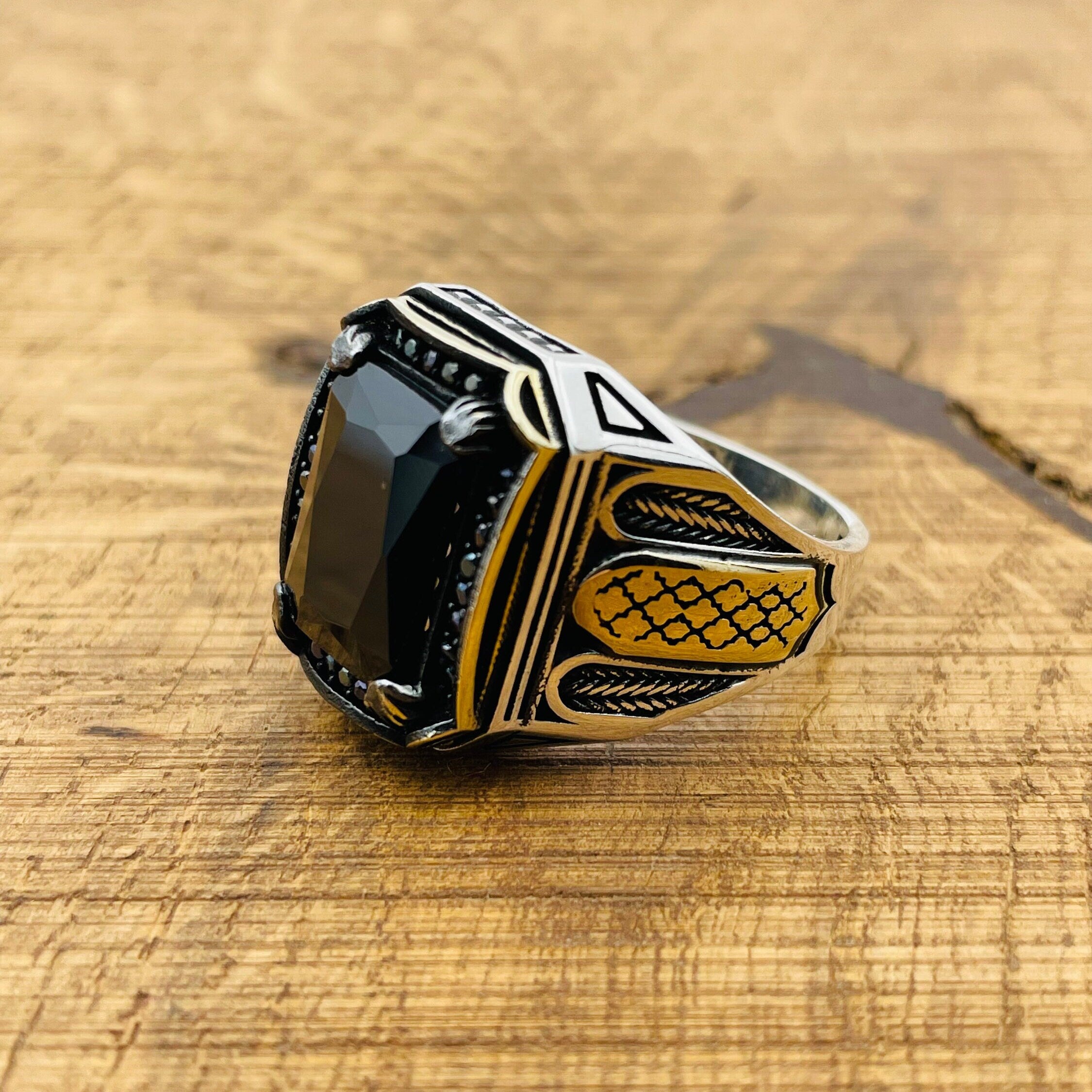 Authentic Turkish Handmade Men's Black Onyx 925 Sterling Silver Square Statement Ring