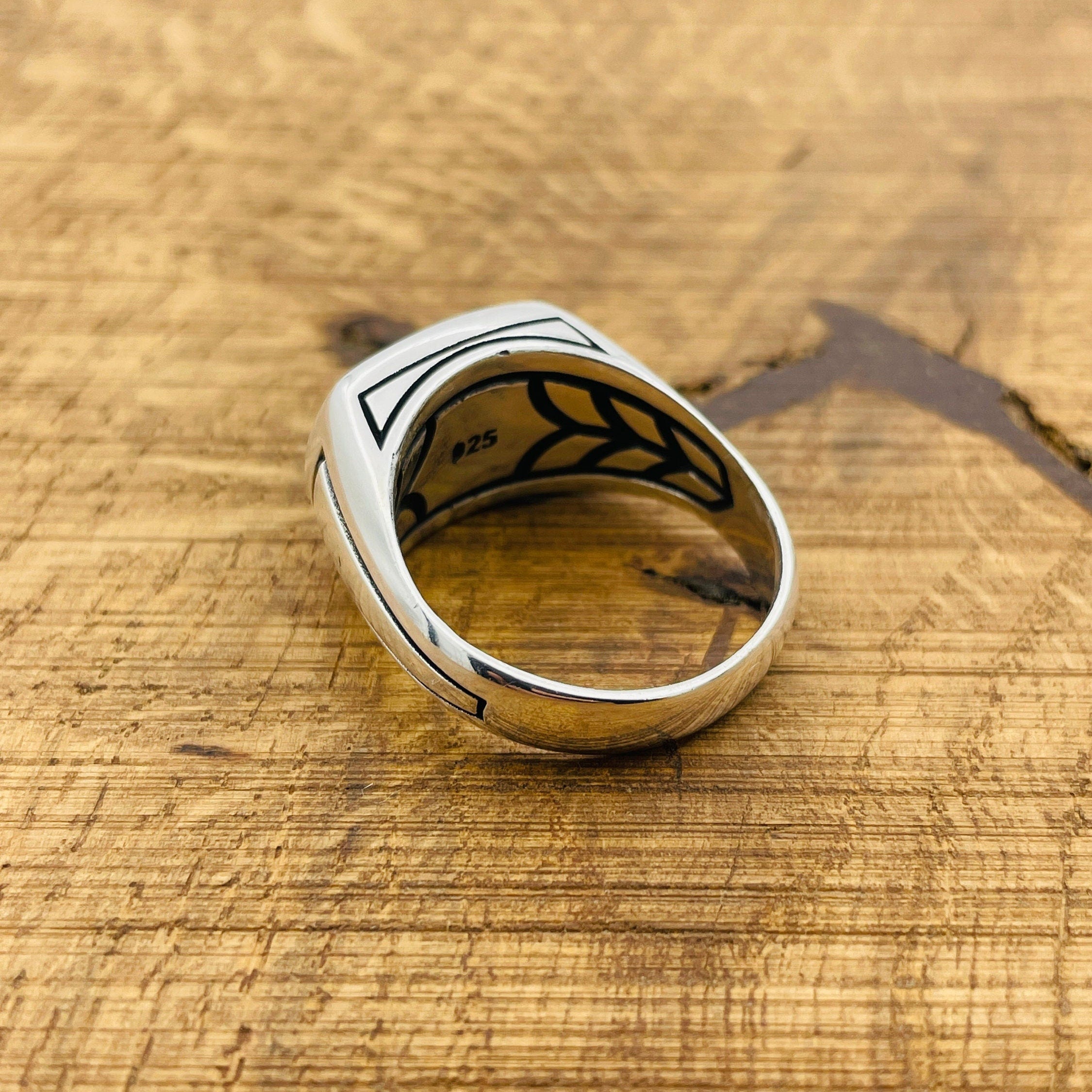 خاتم تركي يدوي الصنع للرجال من الفضة الإسترلينية 925 بشكل مستطيل مع الفيروز الأزرق - هدية له