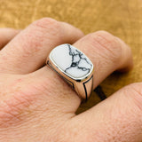 Men's Handcrafted 925 Sterling Silver White Turquoise Rectangle Ring - Unique Gift for Him