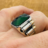 Green Emerald Square Stone Men's Silver Ring