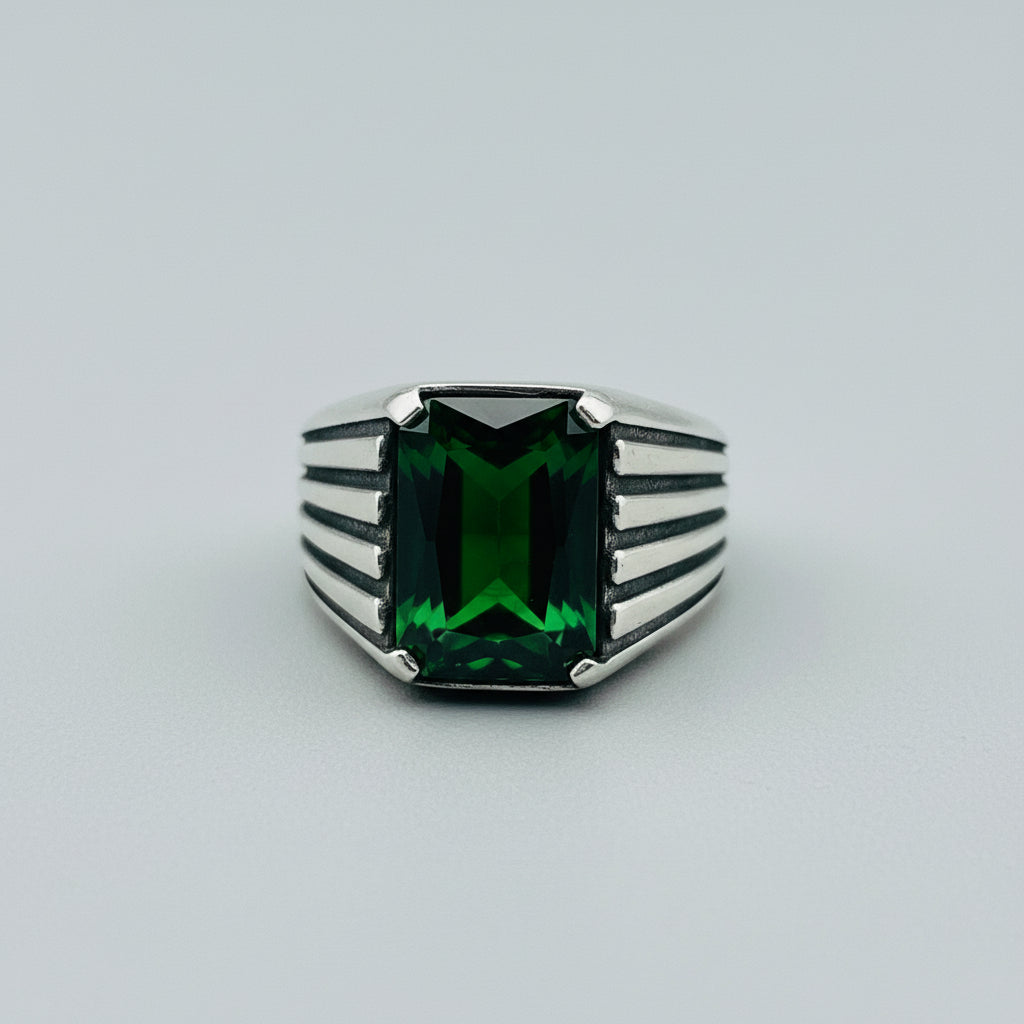 Men's Turkish Handmade 925 Sterling Silver Emerald Ring - Square Green Gemstone Jewelry Gift