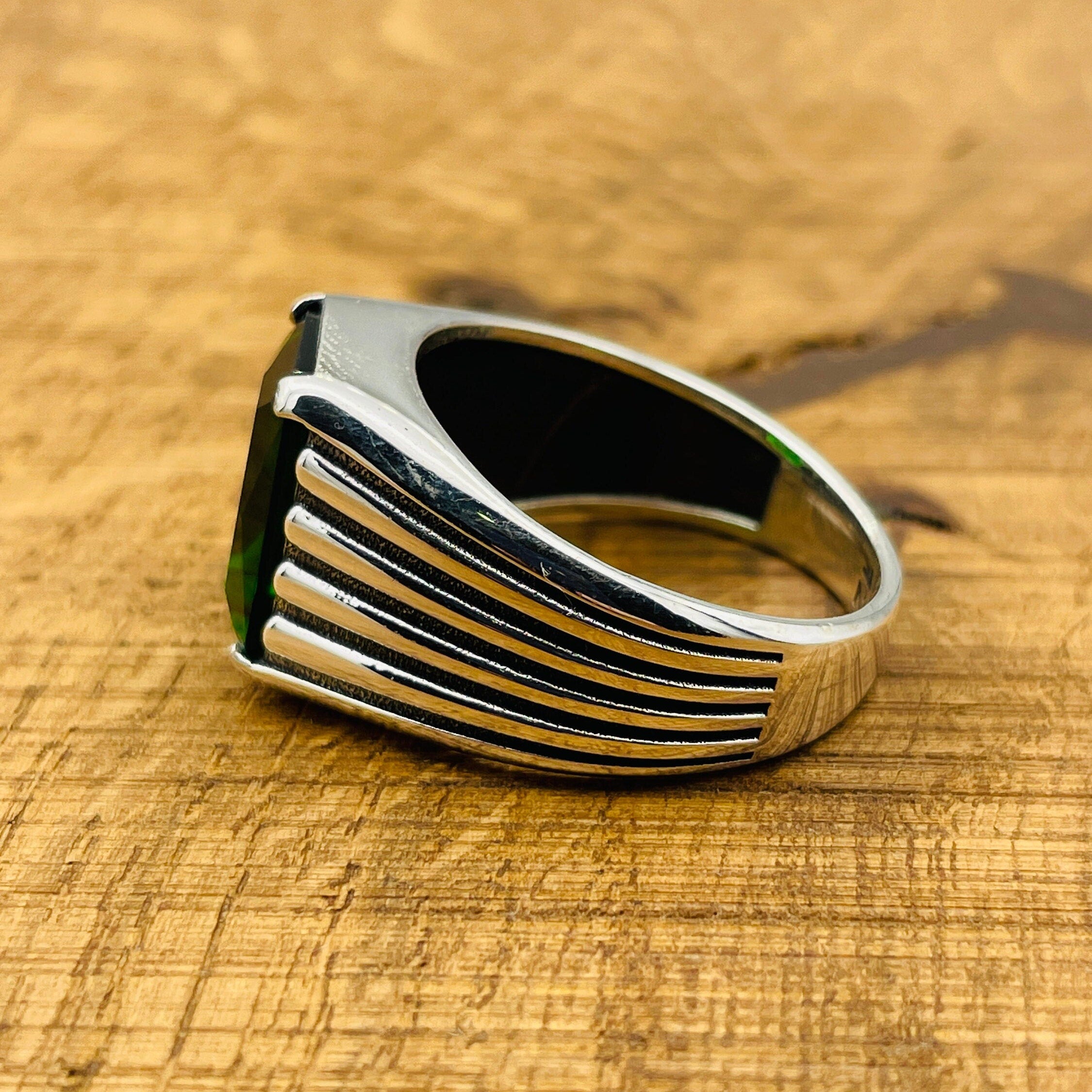 Men's Turkish Handmade 925 Sterling Silver Emerald Ring - Square Green Gemstone Jewelry Gift