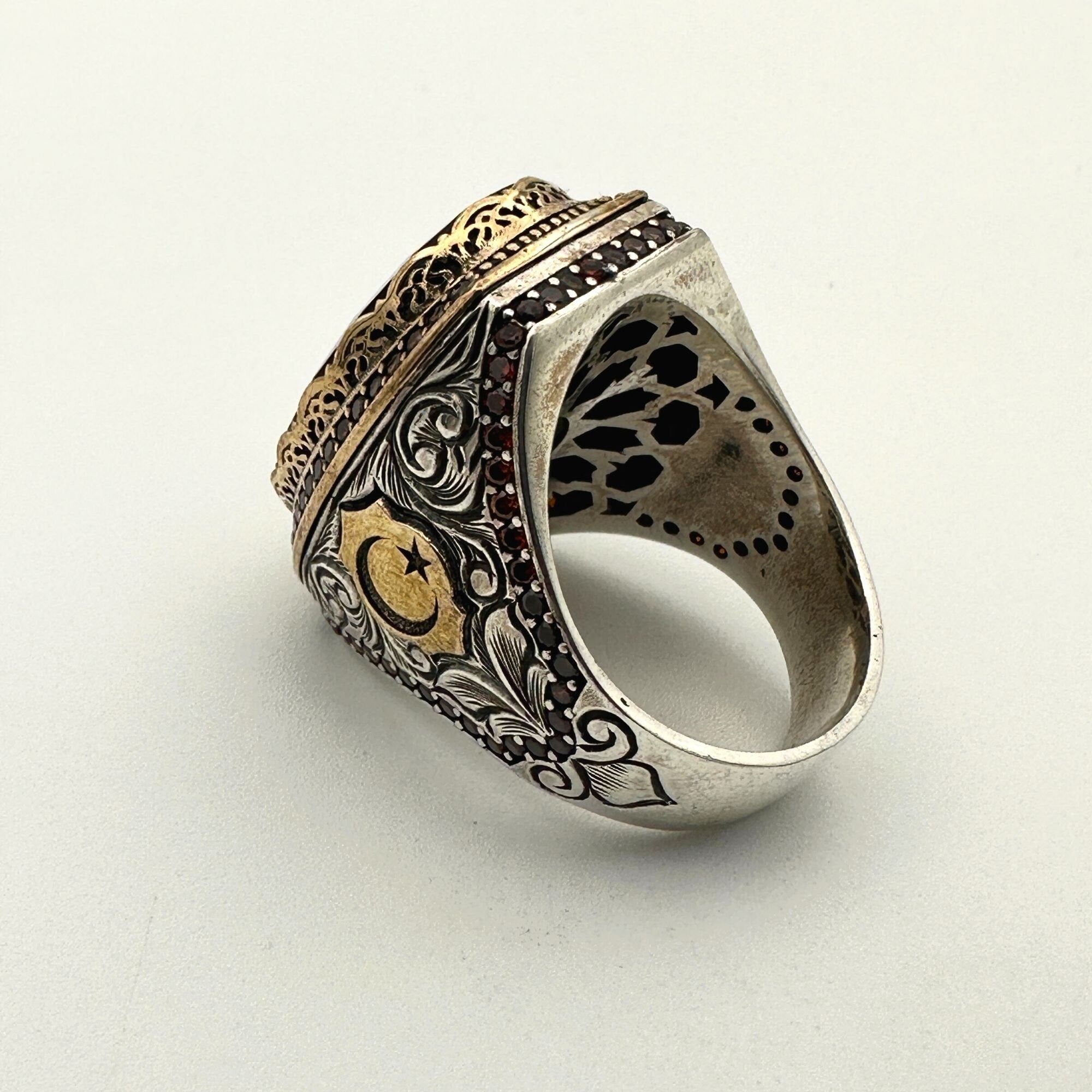 ハンドメイド メンズ レッドジルコンストーン シルバーリング