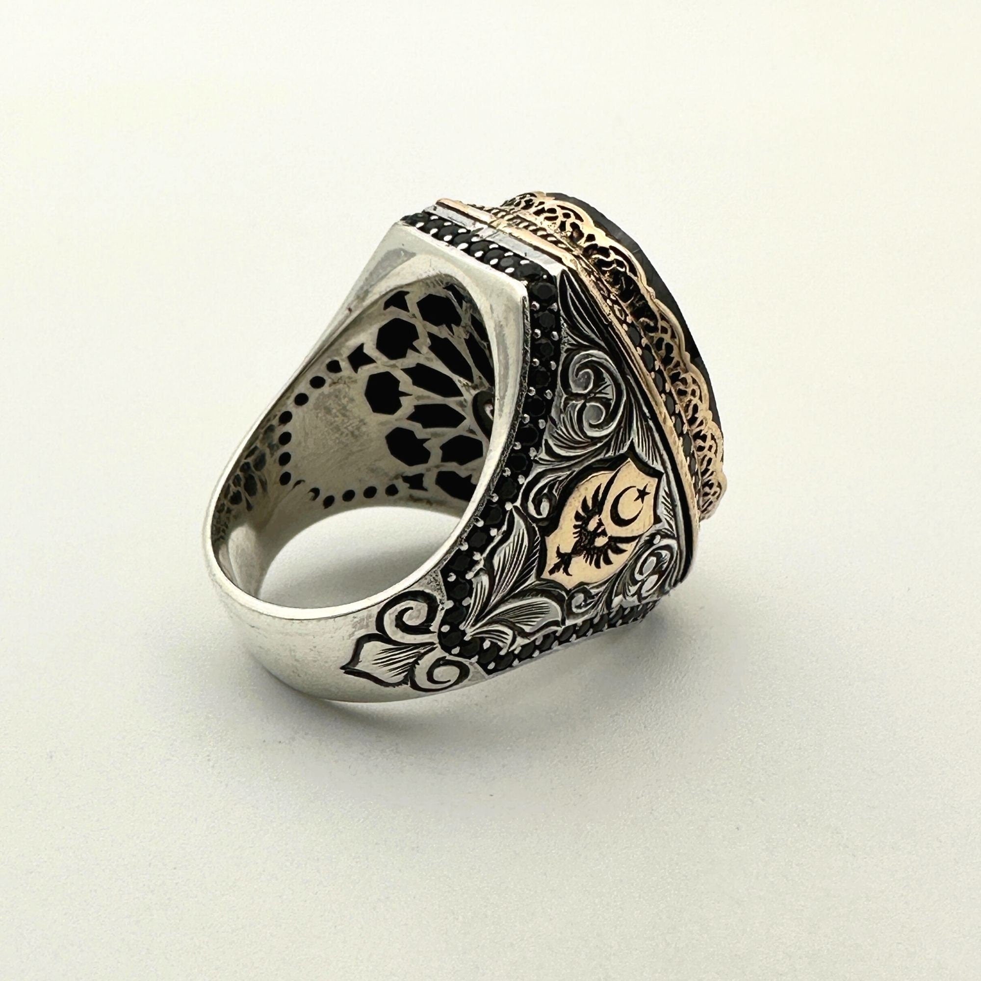 Turkish Handmade Ottoman Style Men's Ring - 925 Sterling Silver Black Onyx Stone - Unique Gift for Him