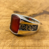 Authentic Handcrafted Men's Red Agate Square Ring | Ottoman Style 925 Sterling Silver Gemstone Jewelry
