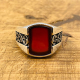 Authentic Handcrafted Men's Red Agate Square Ring | Ottoman Style 925 Sterling Silver Gemstone Jewelry