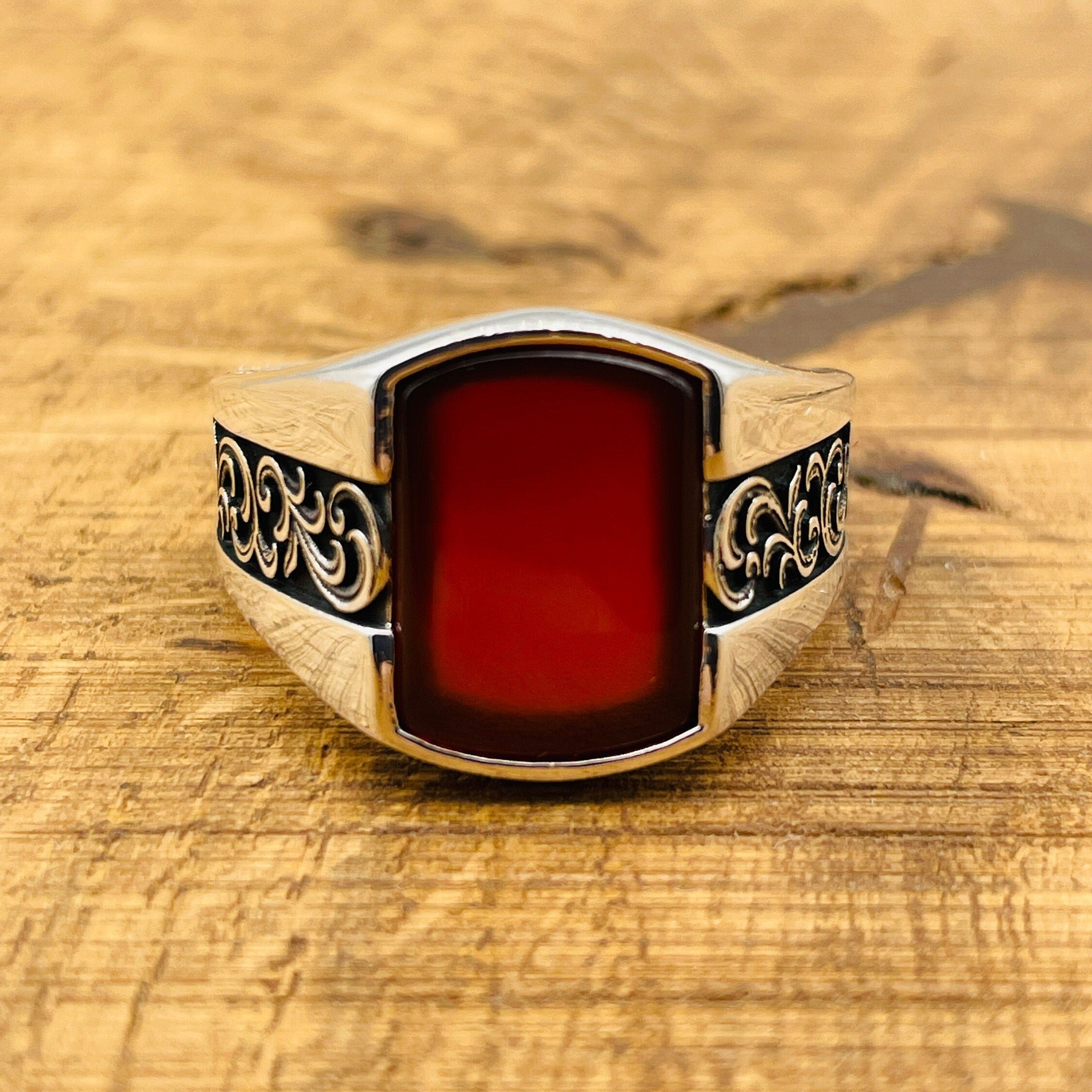 Authentic Handcrafted Men's Red Agate Square Ring | Ottoman Style 925 Sterling Silver Gemstone Jewelry