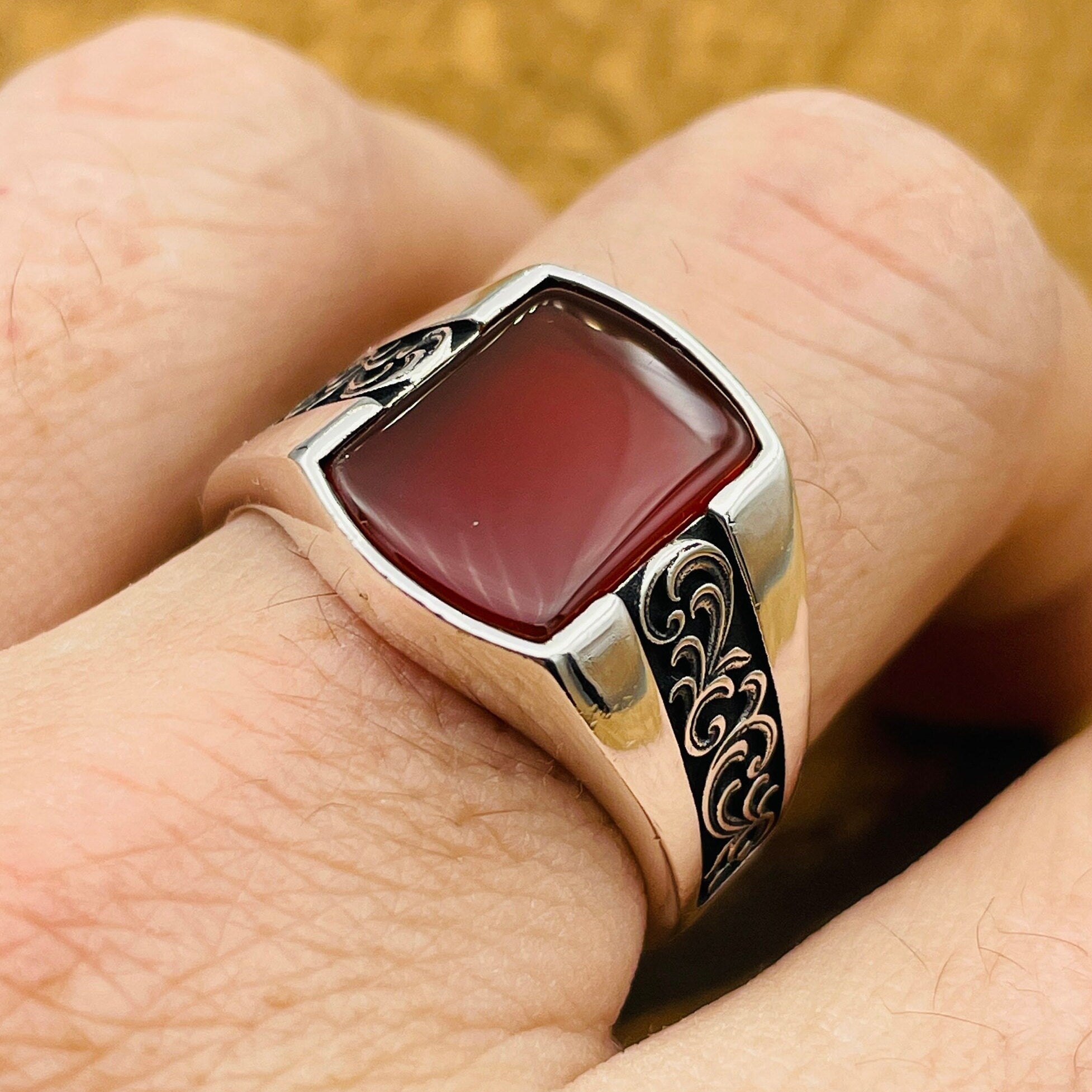 Authentic Handcrafted Men's Red Agate Square Ring | Ottoman Style 925 Sterling Silver Gemstone Jewelry