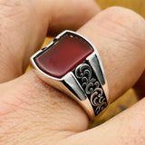 Authentic Handcrafted Men's Red Agate Square Ring | Ottoman Style 925 Sterling Silver Gemstone Jewelry