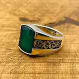 Men's Handmade Green Agate 925K Sterling Silver Ottoman Turkish Ring - Unique Gift for Him
