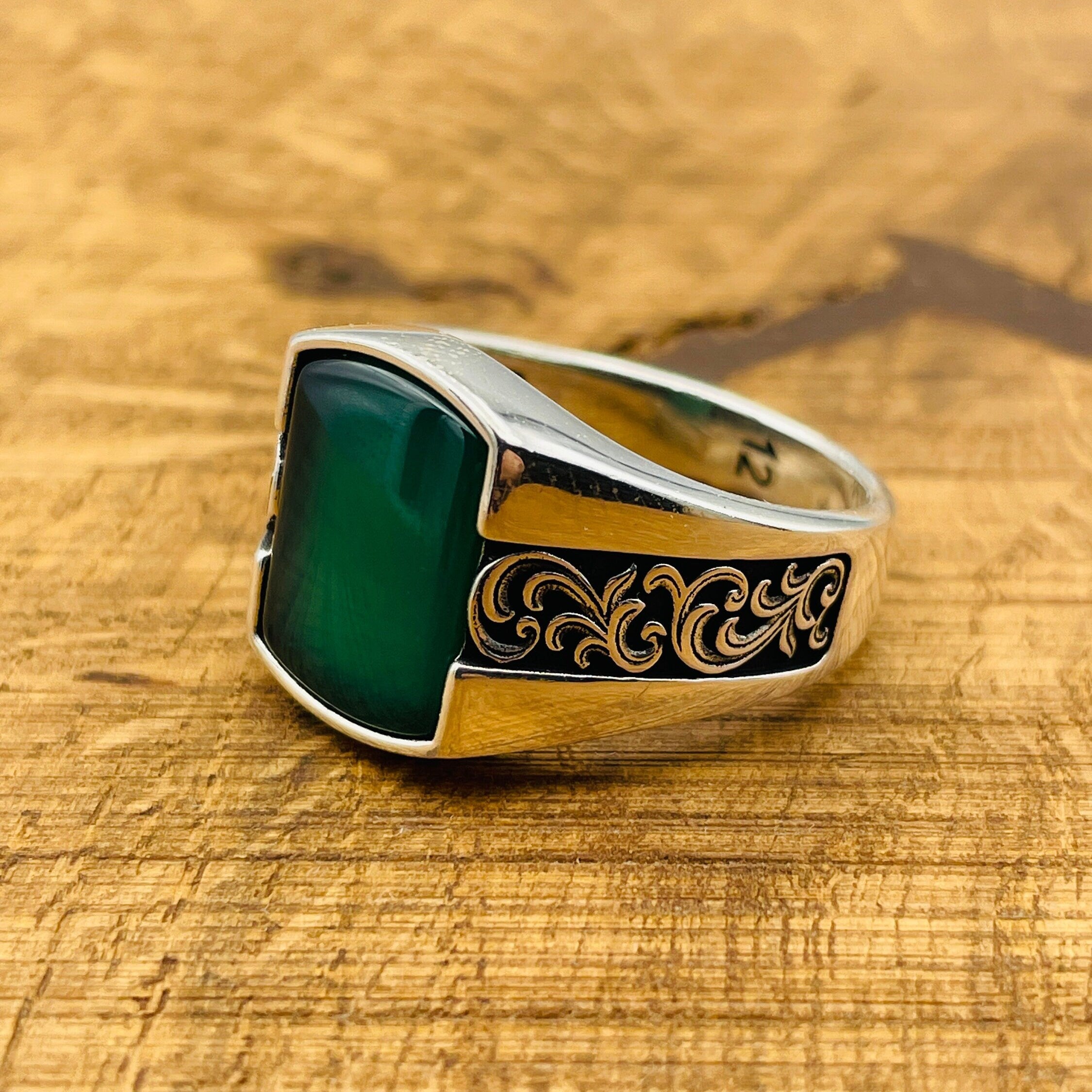 Men's Handmade Green Agate 925K Sterling Silver Ottoman Turkish Ring - Unique Gift for Him