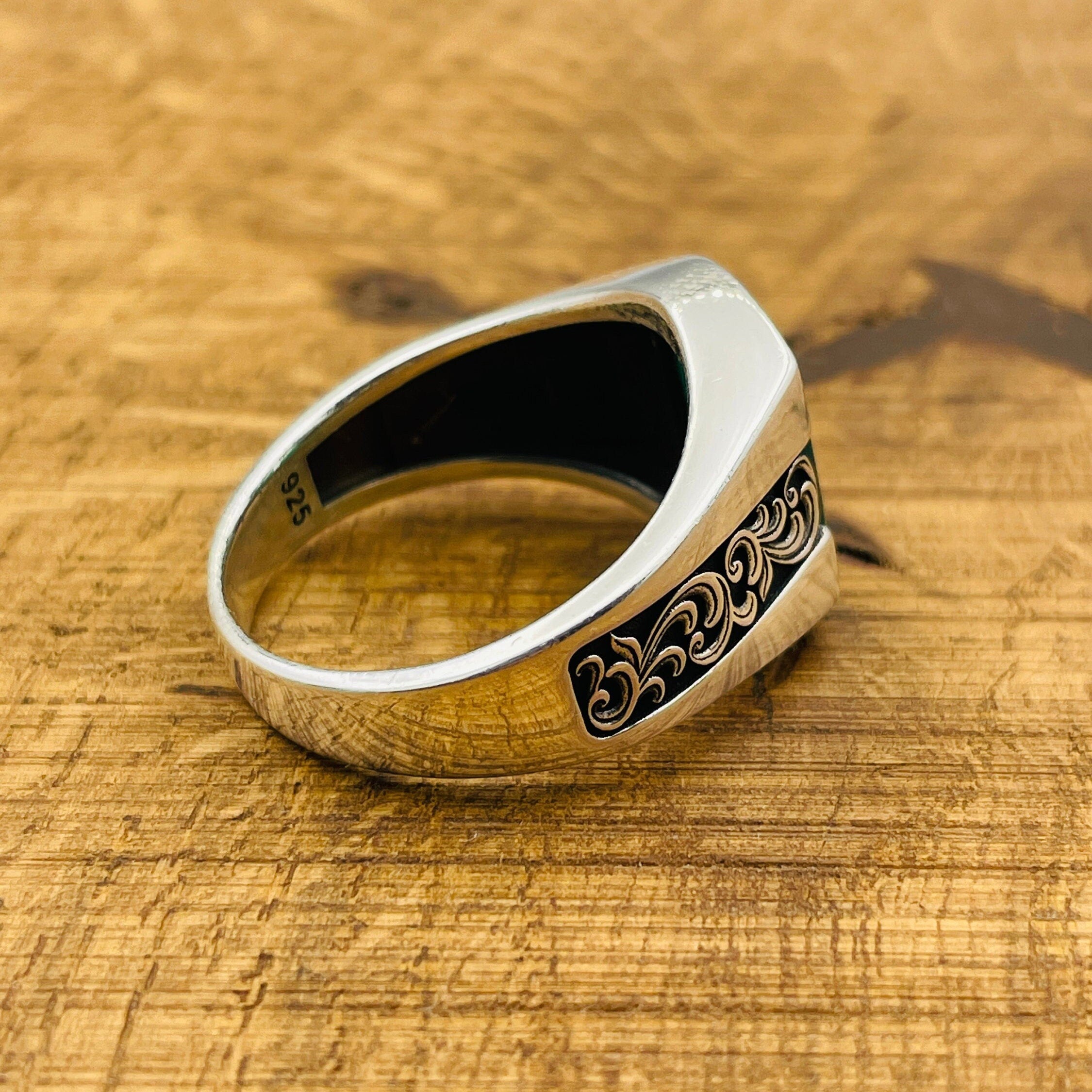 Men's Handmade Green Agate 925K Sterling Silver Ottoman Turkish Ring - Unique Gift for Him