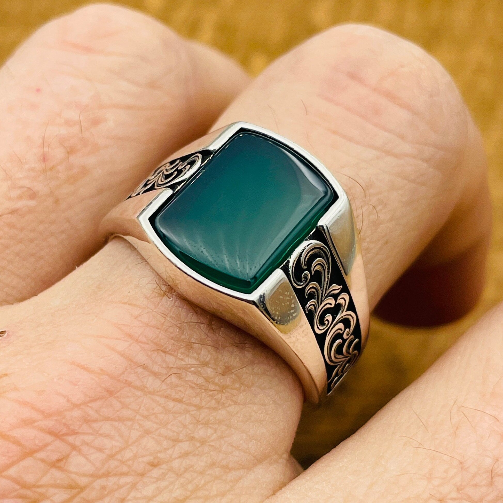 Men's Handmade Green Agate 925K Sterling Silver Ottoman Turkish Ring - Unique Gift for Him