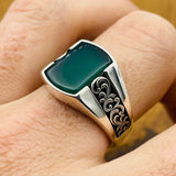Men's Handmade Green Agate 925K Sterling Silver Ottoman Turkish Ring - Unique Gift for Him