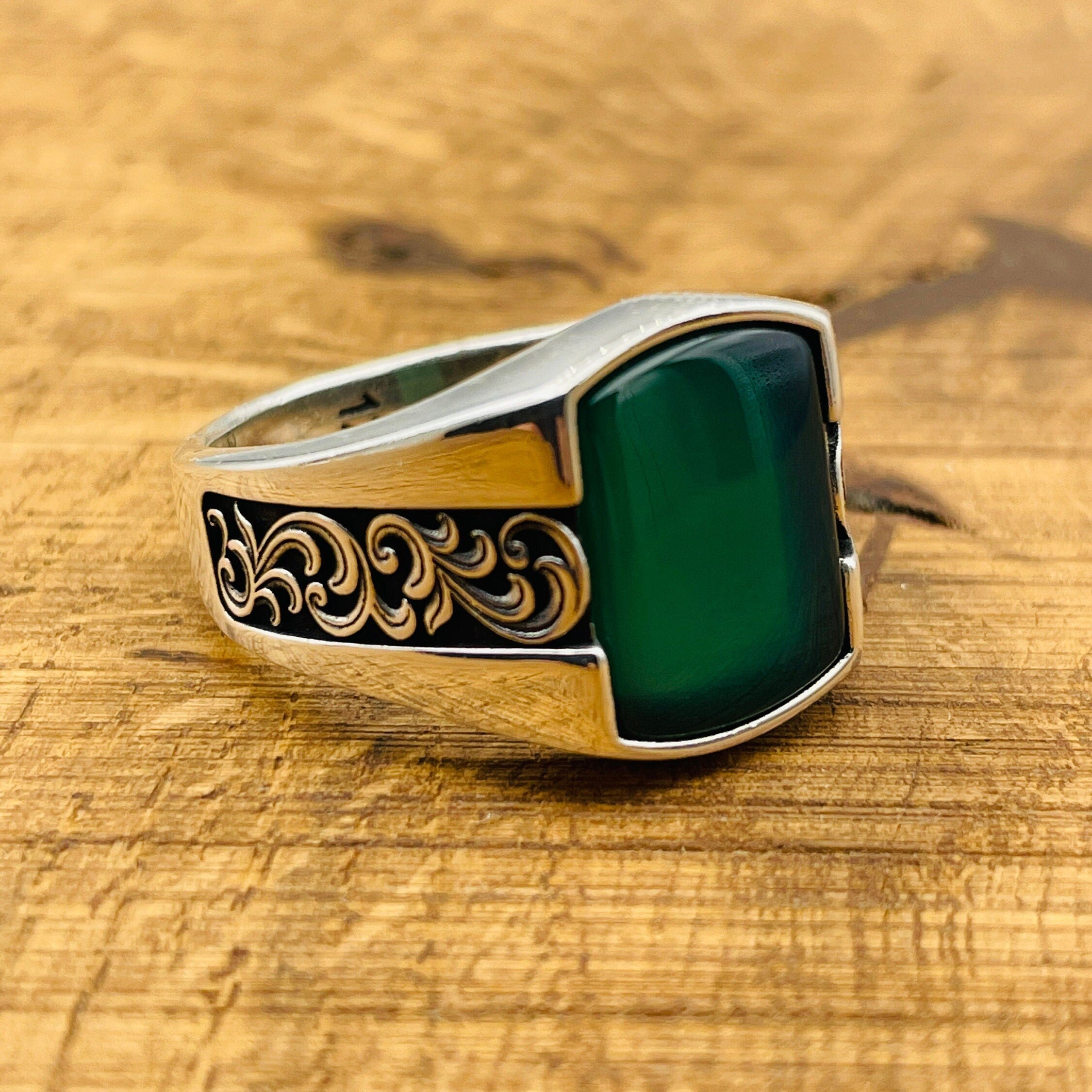 Men's Handmade Green Agate 925K Sterling Silver Ottoman Turkish Ring - Unique Gift for Him