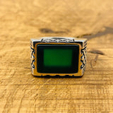 Men's Rectangle Green Agate Stone Ring