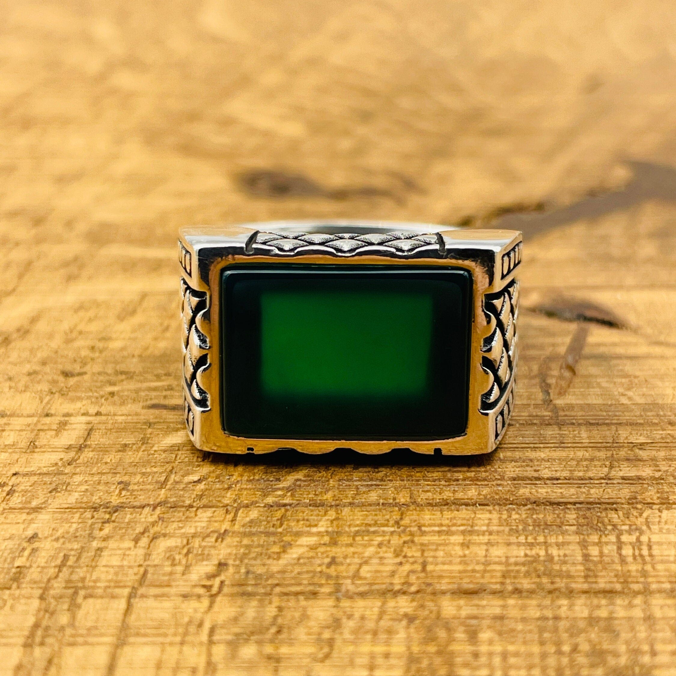 Men's Rectangle Green Agate Stone Ring
