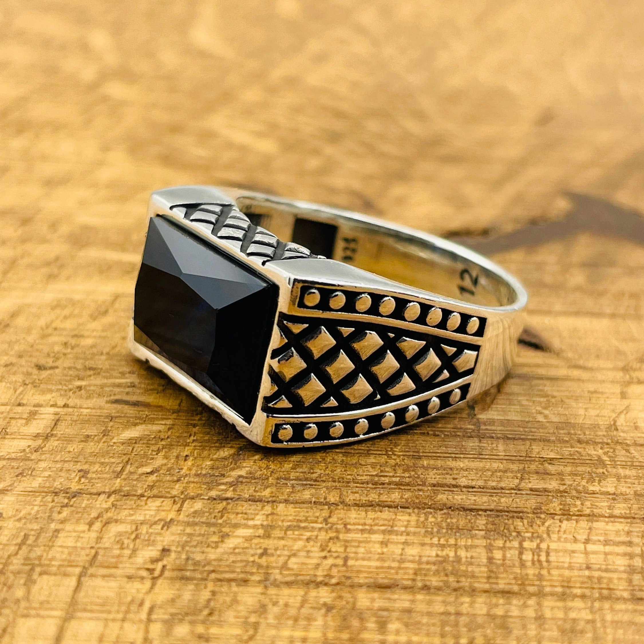 Men's Rectangle Dark Blue Sapphire Stone Ring