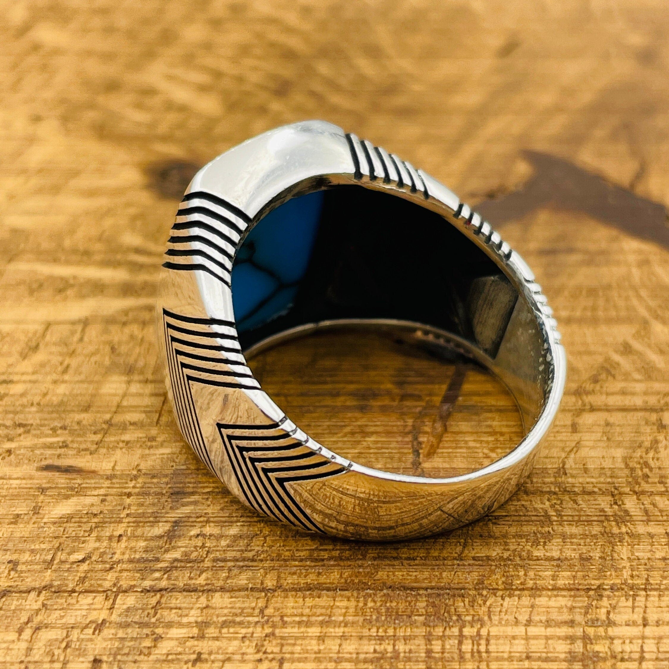 خاتم مربع من الفيروز الأزرق الفضي الإسترليني اليدوي الصنع للرجال التركي