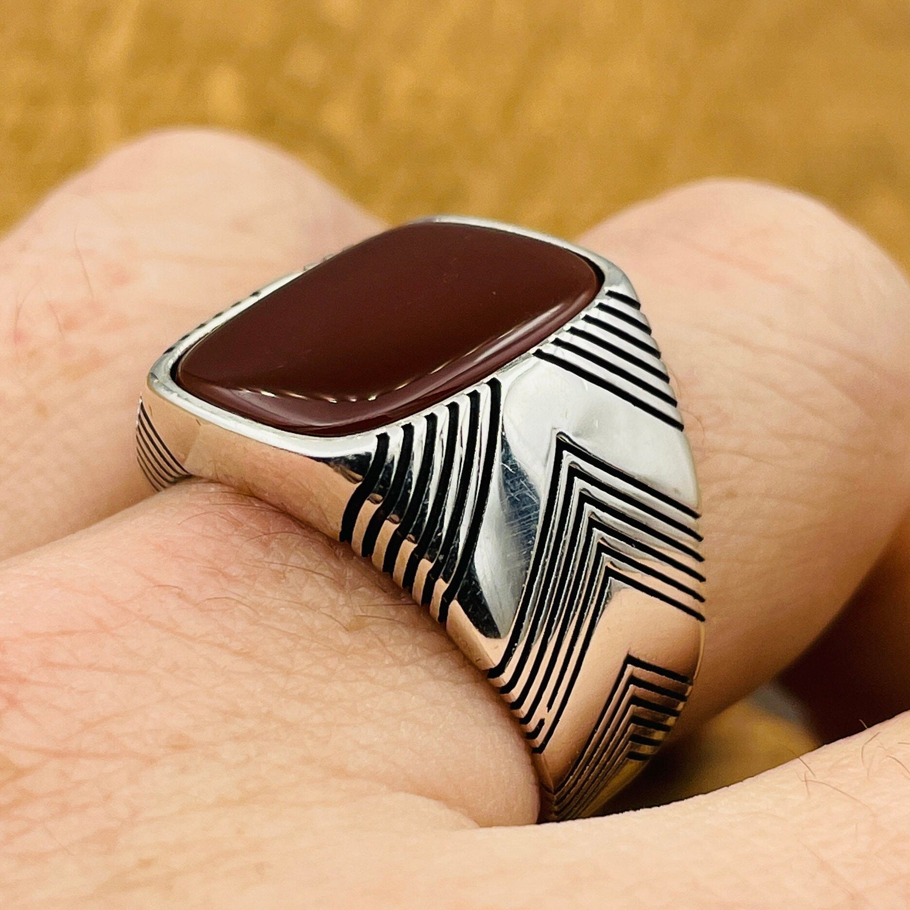 Handmade Turkish Men's Square Red Agate 925 Sterling Silver Ring | Ottoman Inspired Gift
