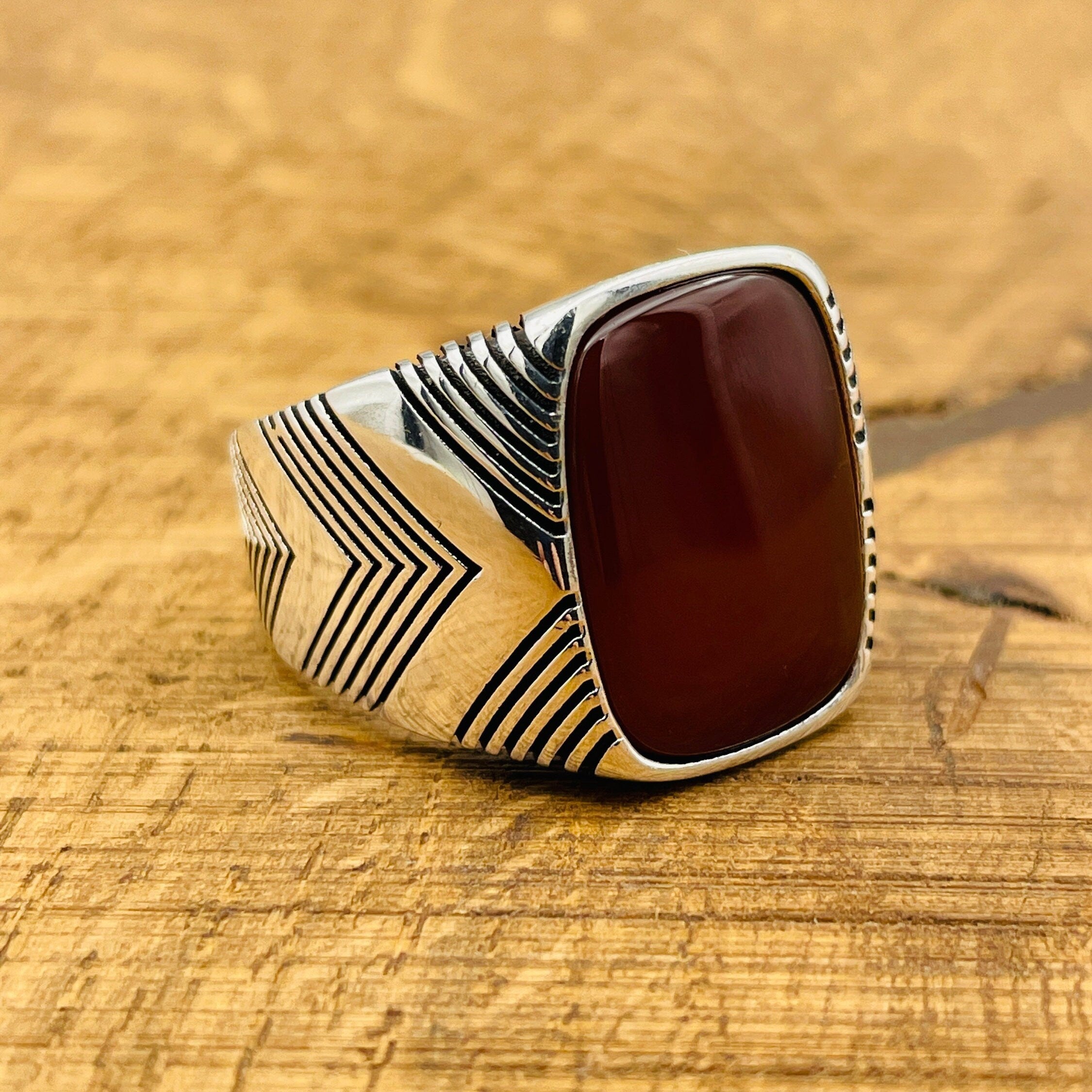 Handmade Turkish Men's Square Red Agate 925 Sterling Silver Ring | Ottoman Inspired Gift