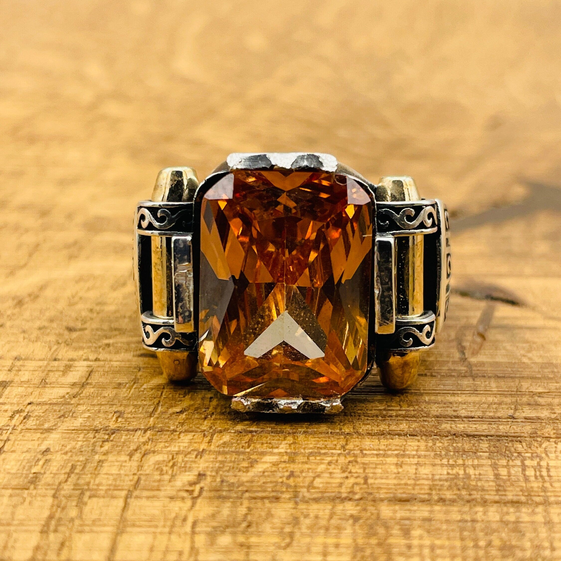 Men's Handcrafted Sterling Silver Champagne Citrine Square Ring - Unique Turkish Artistry